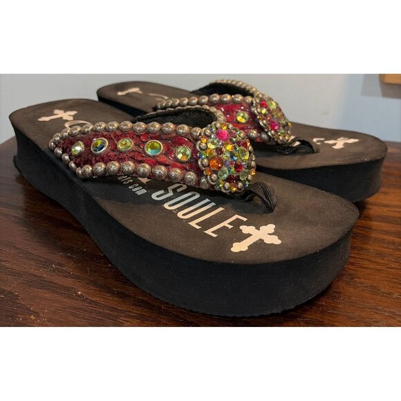 Gypsy Soule Womens Rhinestone Embellished Black Flip Flops Red Snakeskin Straps - Picture 2 of 7